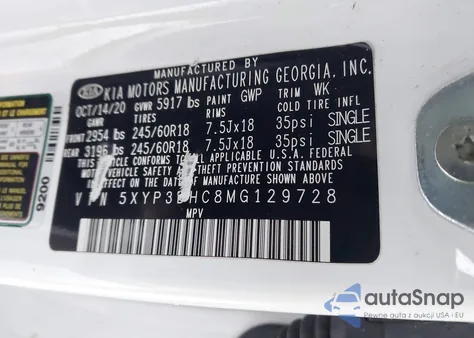 2021 Kia Telluride Ex z USA, uszkodzony, nr VIN 5XYP3DHC8MG129728